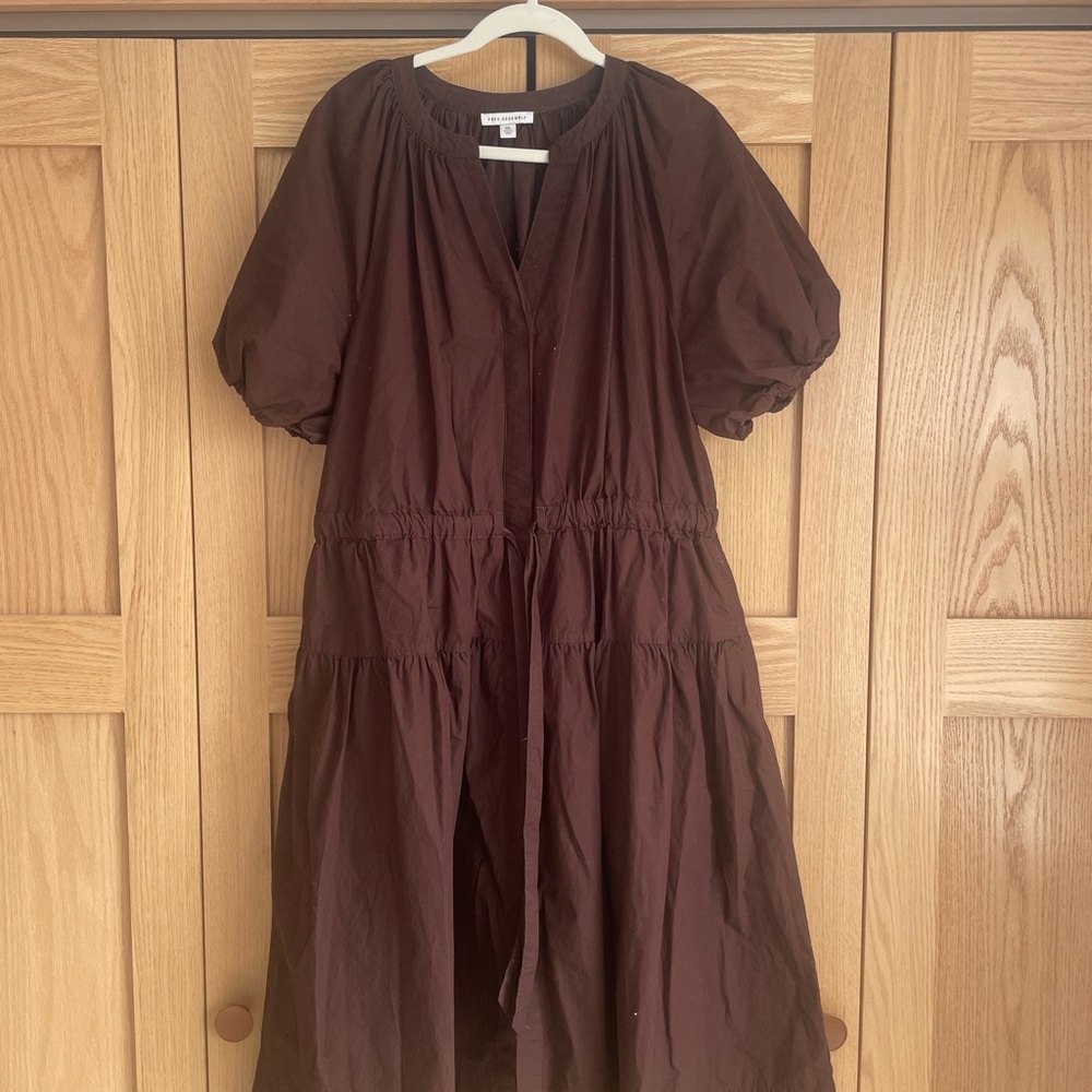 Brown Tiered Midi Dress with Puff Sleeves